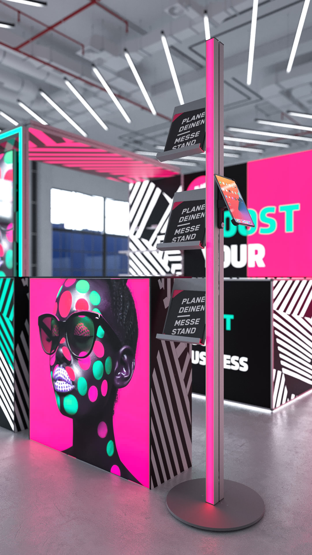 interaktiv-digital-led-messestand-ipad-halter-prospekthalter