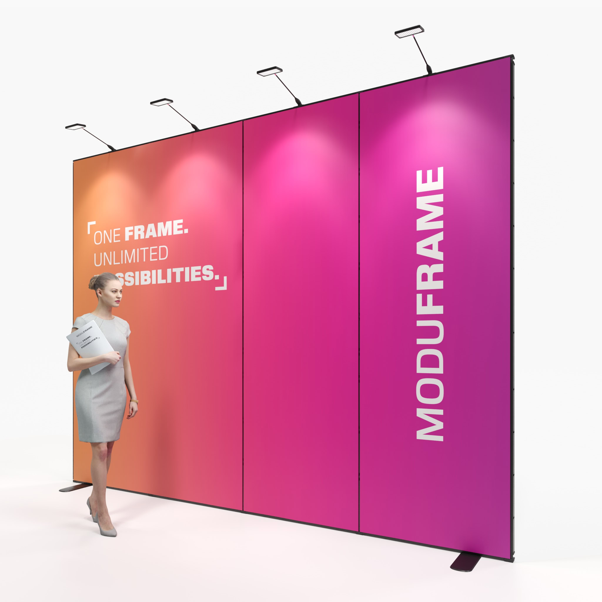 Eine Frau in Geschäftskleidung steht in einem modernen, hellen Raum neben einer großen, schwarzen Anzeigewand mit weißem und rotem Text und geometrischen Akzenten, die für ein Produkt namens Moduframe wirbt.