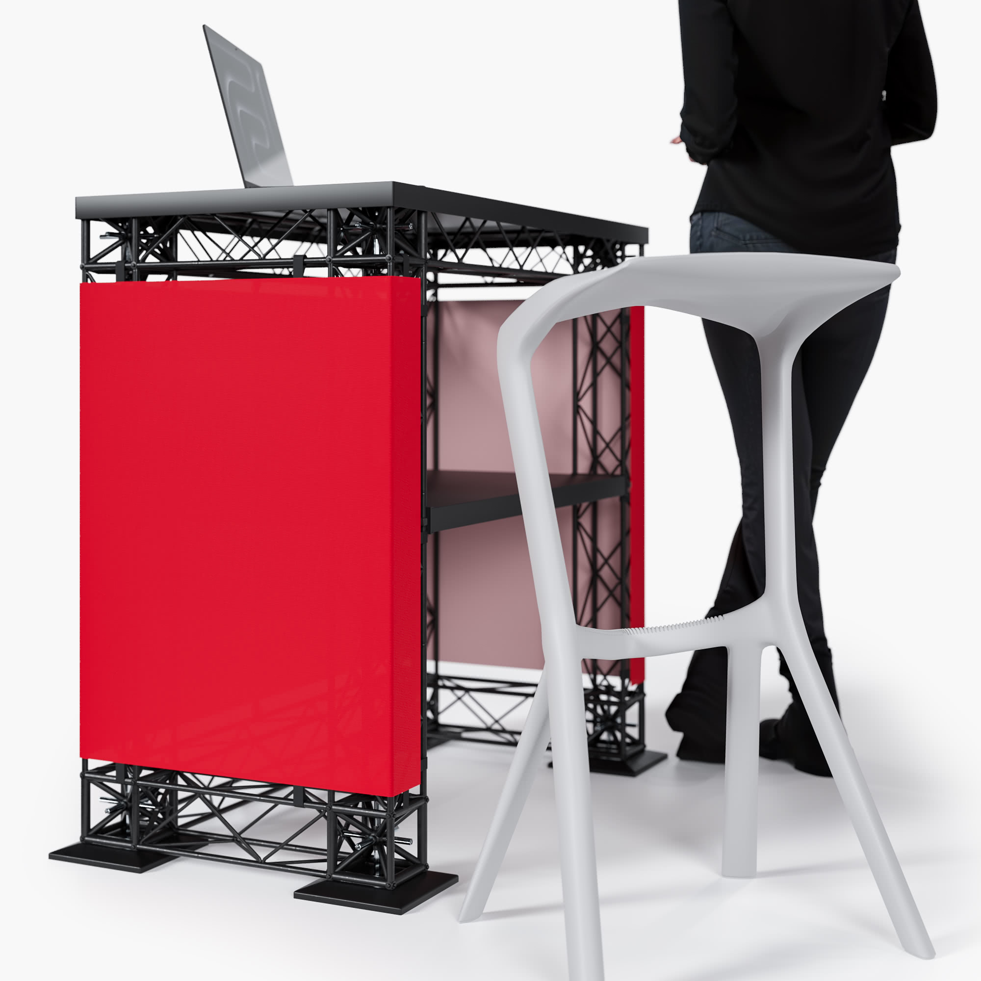 Eine Person steht hinter einem modernen Tresen mit roten Paneelen, einem Laptop darauf und einem hohen, weißen Barhocker im Vordergrund. Der Hintergrund ist weiß und minimalistisch.