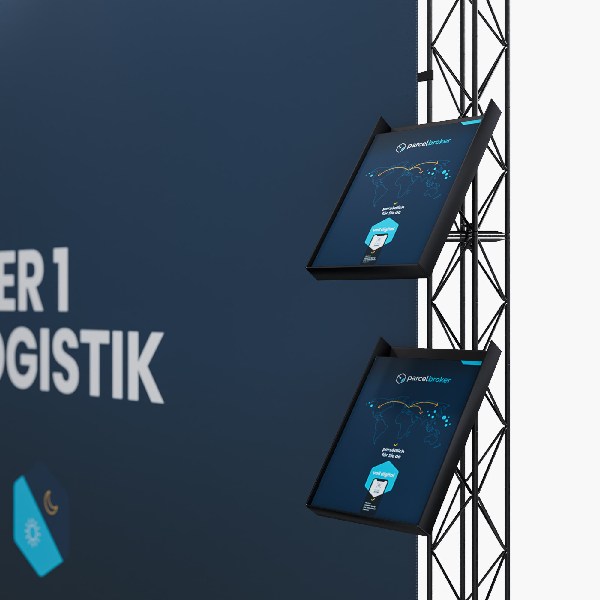 Zwei Bildschirme sind auf einem Metallgestell vor einem dunkelblauen Hintergrund mit teilweise weißem Text und Logos montiert, wahrscheinlich auf einer Veranstaltung oder Ausstellung zum Thema Logistik.