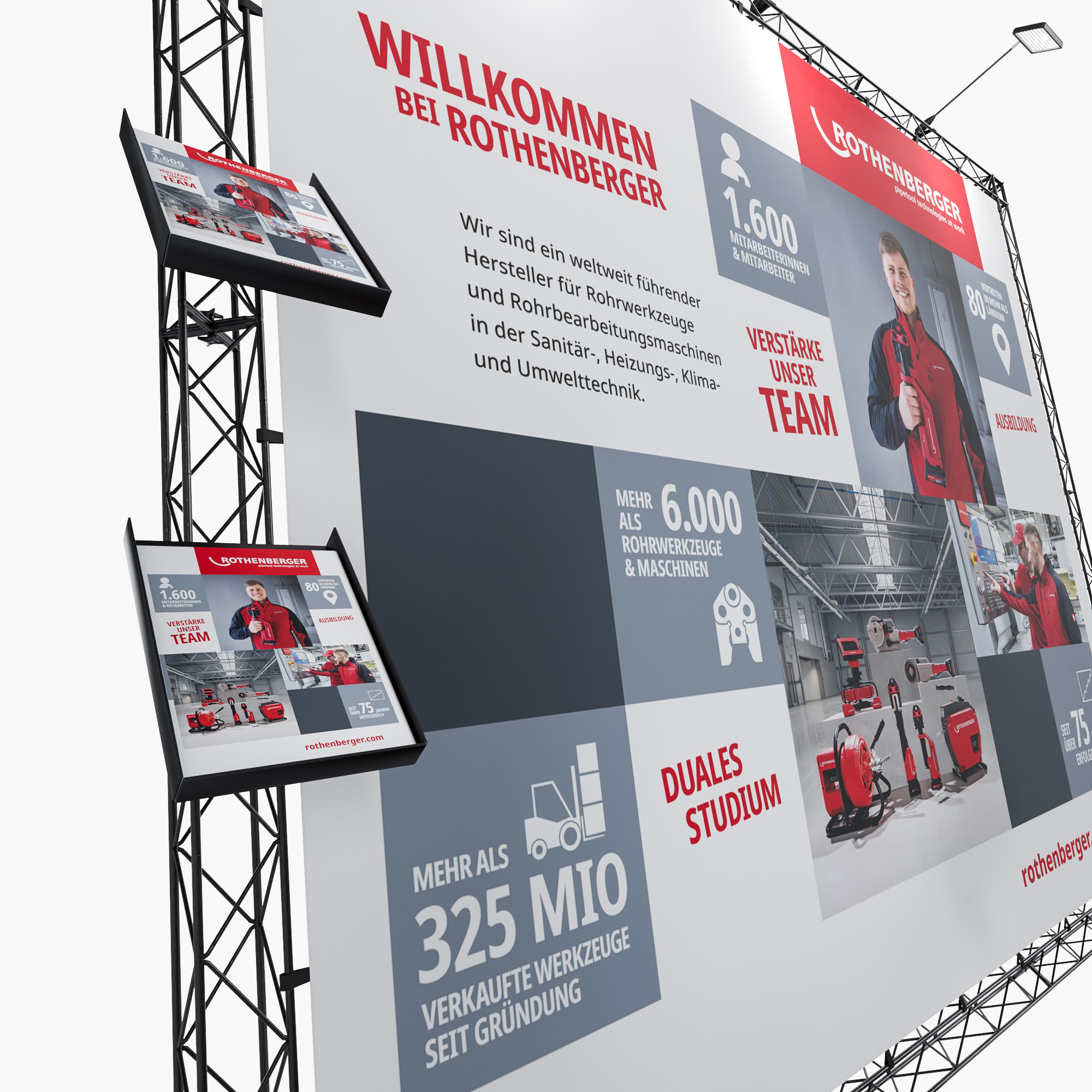 Große Schautafel an einem Messestand von Rothenberger mit Informationen zum Unternehmen, Statistiken und Bildern von Werkzeugen und Mitarbeitern; der Text ist auf Deutsch und hebt Produkte, das Team und die Möglichkeiten eines dualen Studiums hervor.