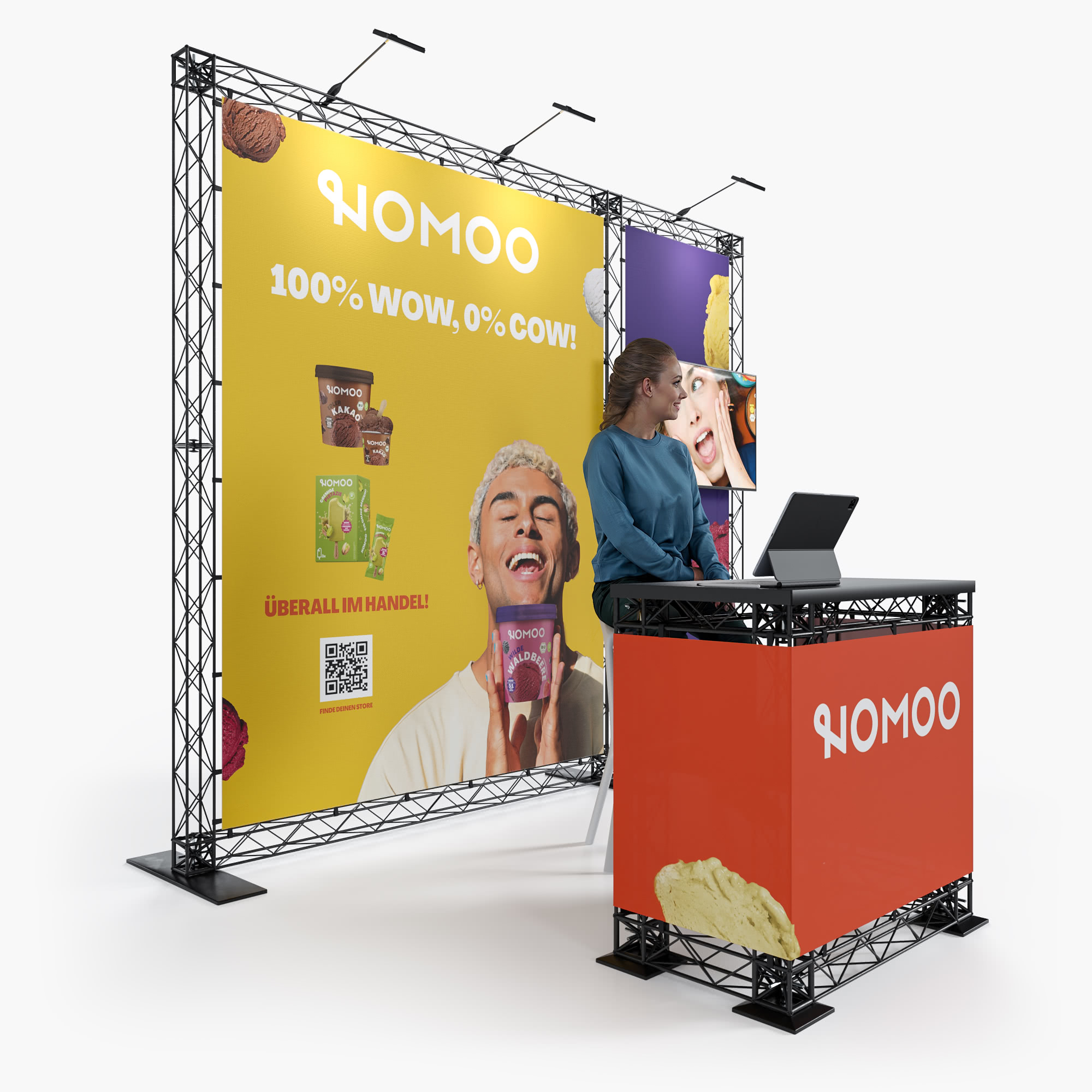 Ein Messestand von DATABAU zeigt eine große Kulisse mit zwei Personen, die eine digitale Landkarte untersuchen, einen Schalter mit dem DATABAU-Logo und eine Frau, die am Computer sitzt. Der deutsche Text lautet "Netzausbau beginnt am Schreibtisch.".