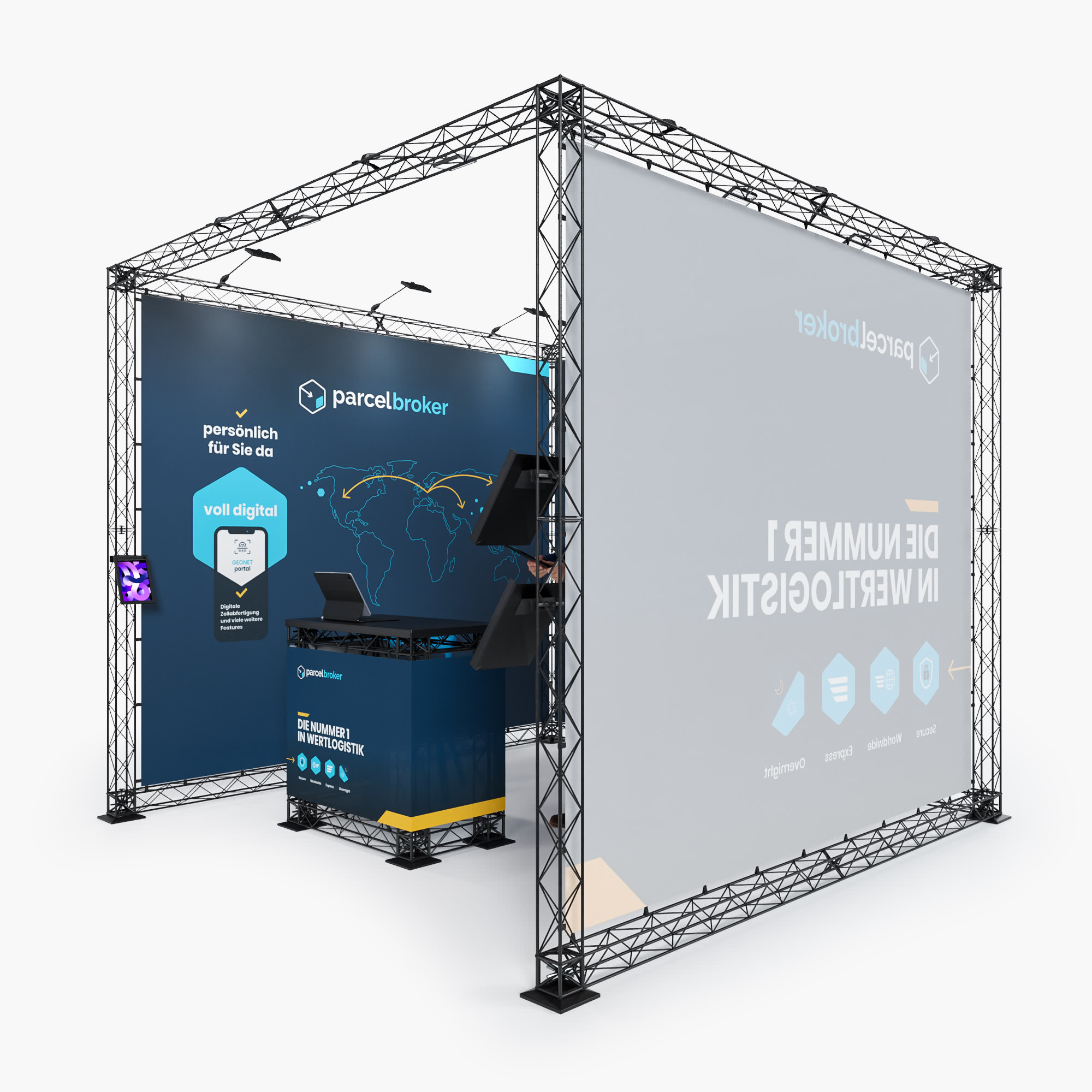 Ein moderner Messestand für Parcel Broker mit digitalen Bildschirmen, Informationsdisplays und einem gebrandeten Schalter in einer Metallrahmenstruktur. An den Wänden ist ein blaues und weißes Branding mit deutschem Text zu sehen.