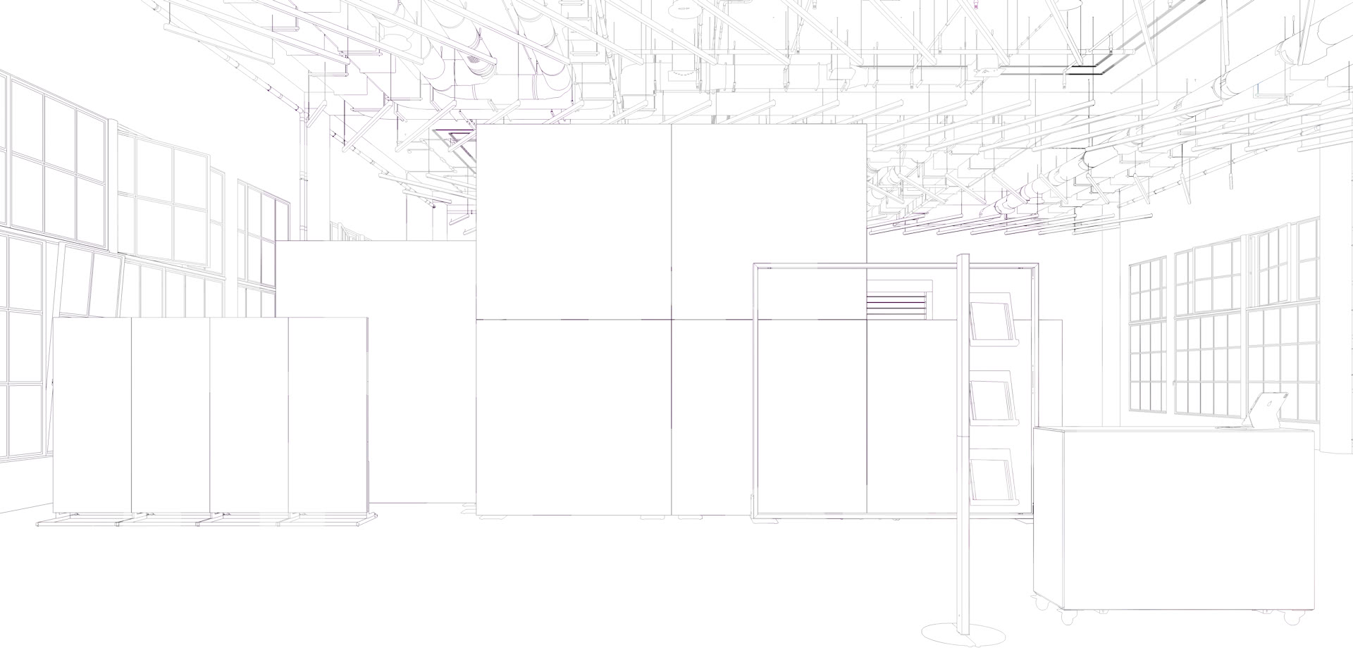 Strichzeichnung eines modernen industriellen Innenraums mit großen Fenstern, freiliegenden Deckenrohren, quaderförmigen Strukturen, einem freistehenden Schild und einem Tresen mit einem Laptop. Der Raum ist offen und minimalistisch.